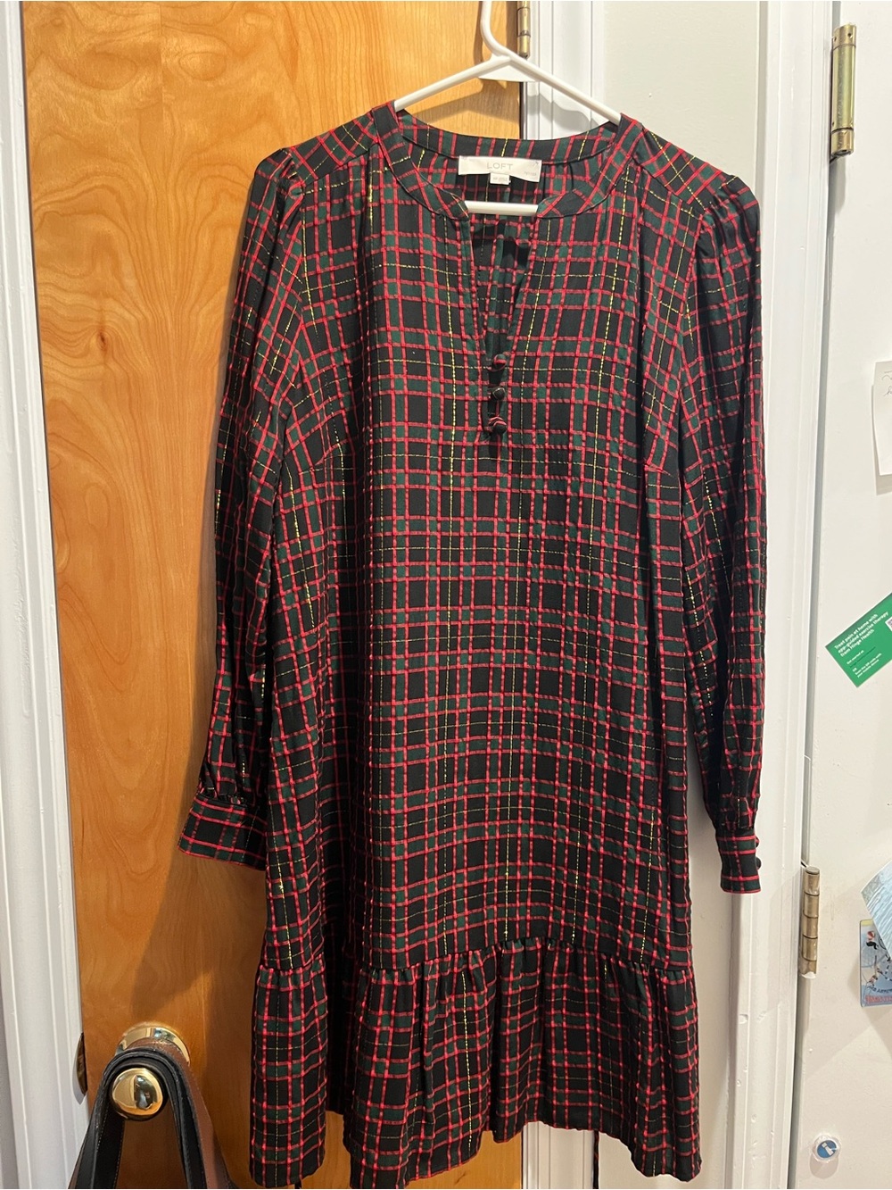 LOFT Black Dress with Red Windowpane Plaid Long Sleeve